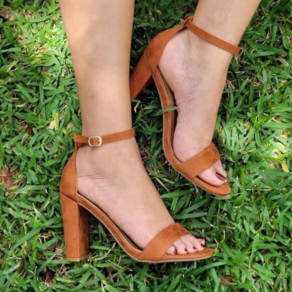 Tan Suede Ankle Strap Block Heel Dress Sandals - Picture 3 of 11